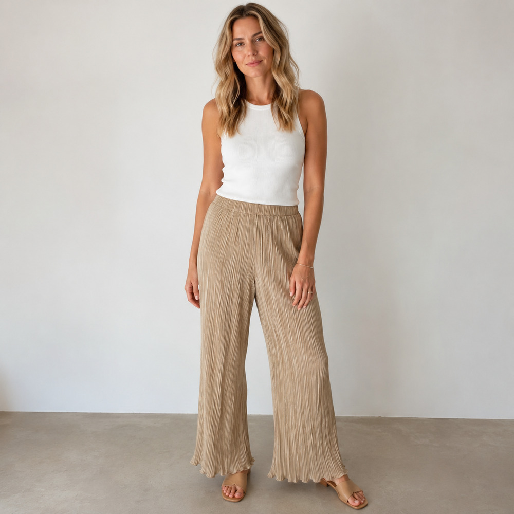 SheIn Pants Womens Large Gold Satin Pleated Wide Leg Elastic Waist Pull On